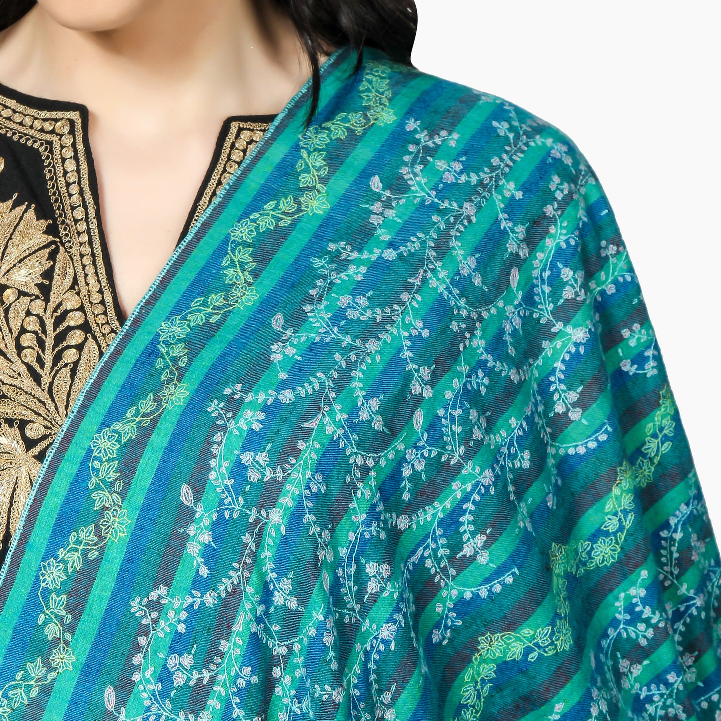 Cashmere Pashmina Shawl Embroidered (Green Stripes)