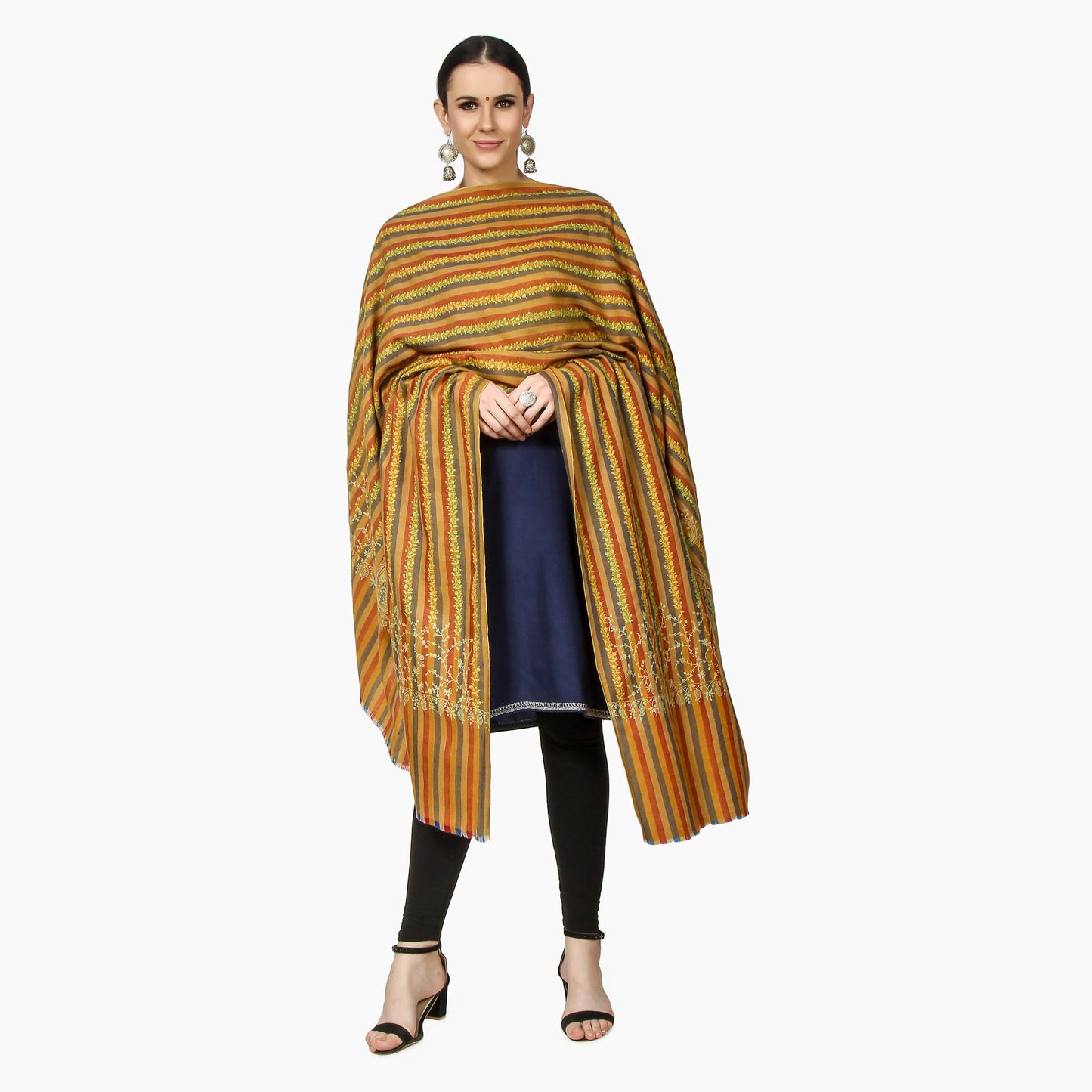 Cashmere Pashmina Shawl Embroidered (Yellow Stripes)