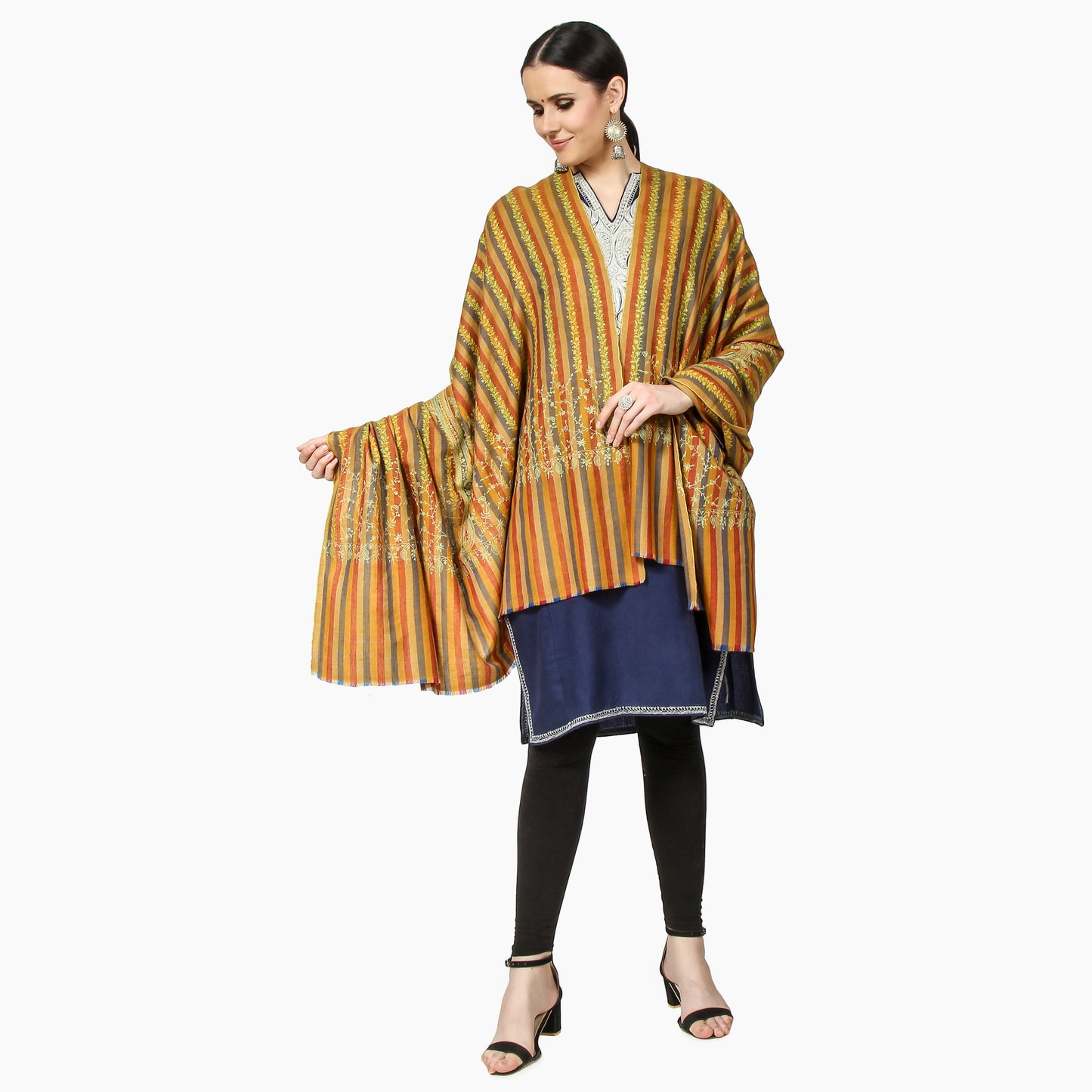 Cashmere Pashmina Shawl Embroidered (Yellow Stripes)