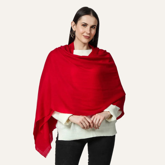 Women wearing a red color cashmere scarf