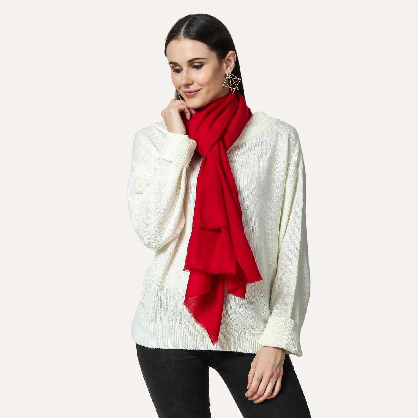 Women wearing a red color cashmere scarf
