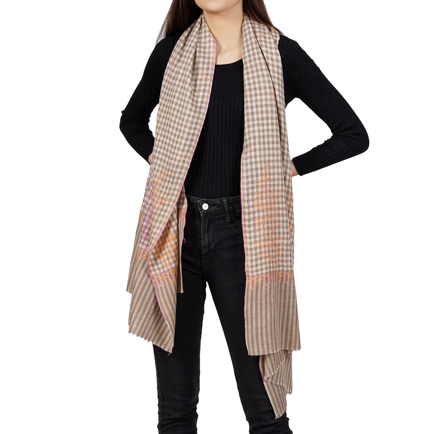 Cashmere Pashmina Embroidered Scarf (Checkered)